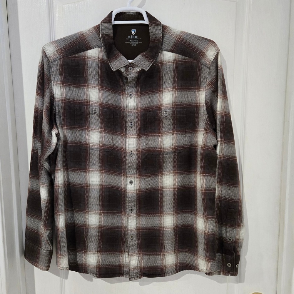 Kuhl Plaid Button Down Shirt Mens XL Brown Long Sleeve Outdoor Law Flannel